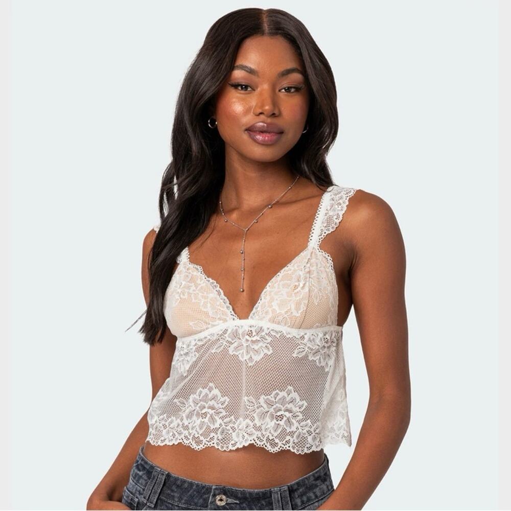 Edikted Lace Babydoll Crop Top Sz L Cream Tan Dainty Coquette NWT Romantic Sheer